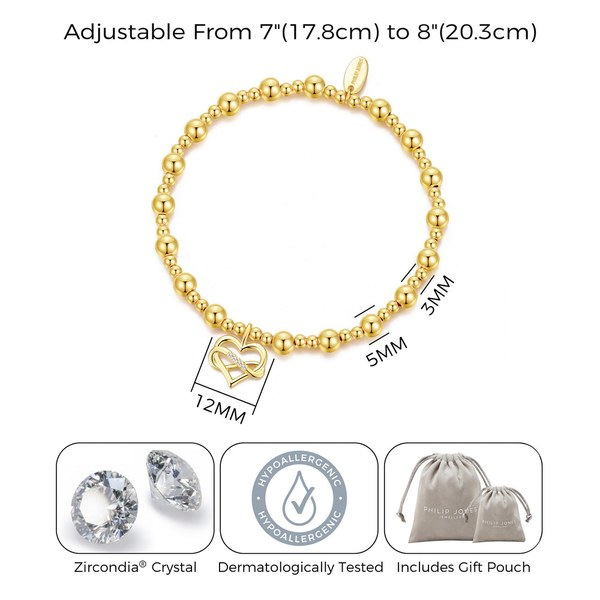 Philip Jones beaded stretch bracelet size diagram showing 7 to 8 inch adjustable fit, 5 mm and 3 mm beads and a 12 mm charm