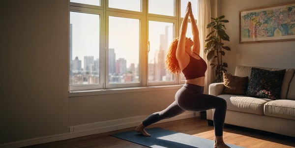 Woman stretching in a yoga pose in a bright living room beside a window