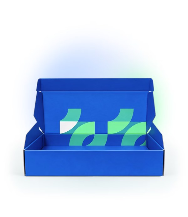 Open blue Bolt Pharmacy delivery box with branded packaging inside