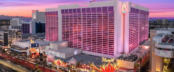 Aerial view of the Flamingo Las Vegas hotel at dusk