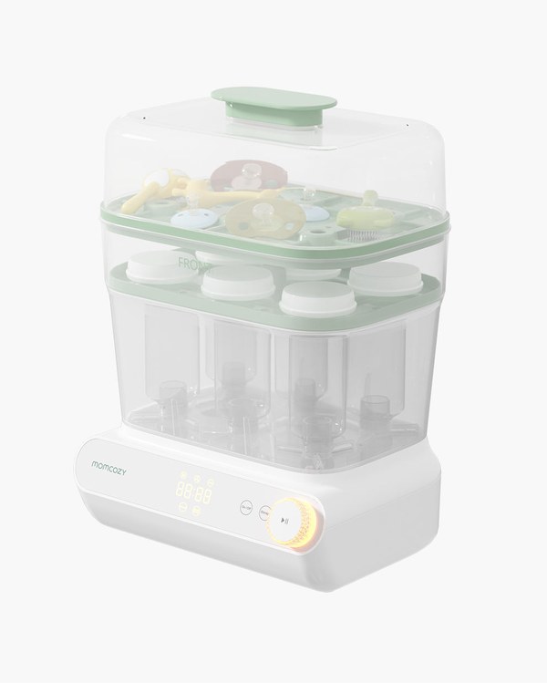 Momcozy 3 layer bottle sterilizer holding several baby bottles