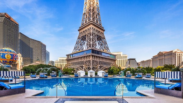 Soleil pool at Paris Las Vegas with the Eiffel Tower replica behind it