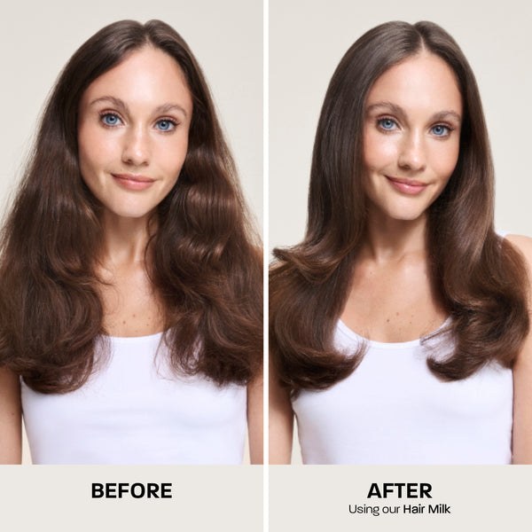 Before and after photos of long brown hair using REHAB Hair Milk