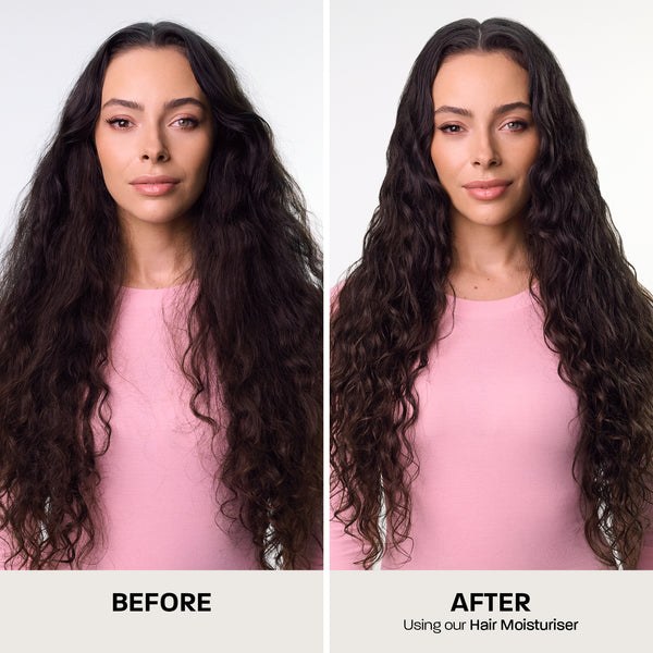 Before and after photos of long curly hair using REHAB Hair Moisturiser