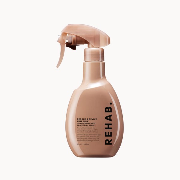REHAB Rescue and Revive Hair Milk spray in a bronze bottle