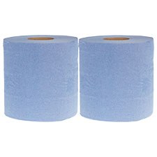 Two blue paper rolls from the Nisbets cleaning and hygiene range