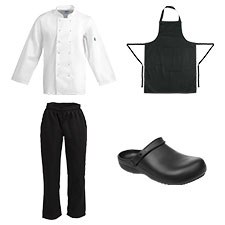 Chef jacket, apron, trousers and kitchen clog from the Nisbets clothing range
