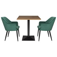 Two green dining chairs and a wooden table top from the Nisbets furniture range