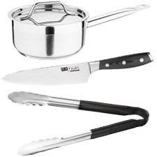 Stainless steel saucepan, chef knife and kitchen tongs from the Nisbets kitchenware range