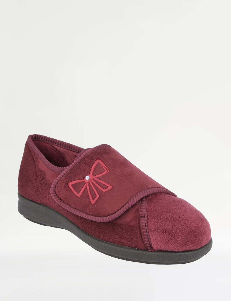 Burgundy touch fastening slipper with a bow detail