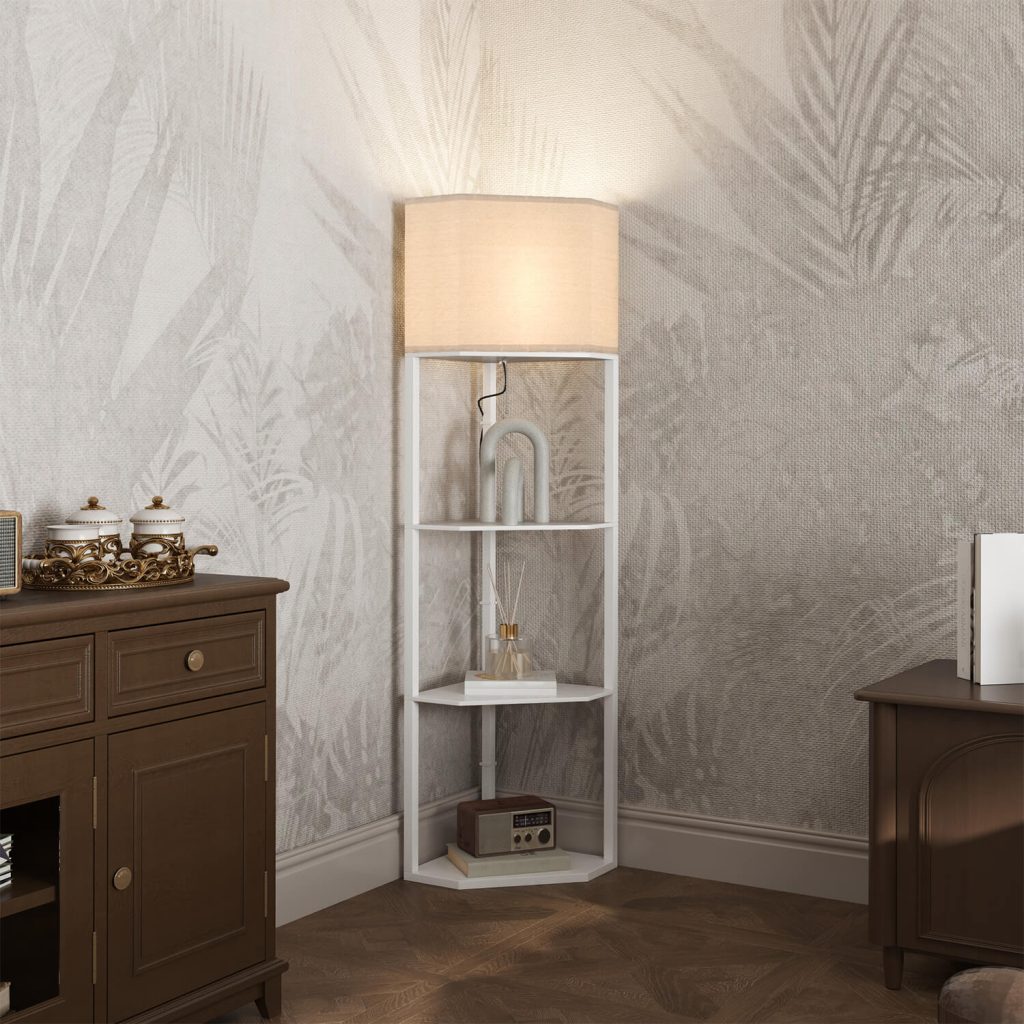 Floor lamp with shelves in a living room
