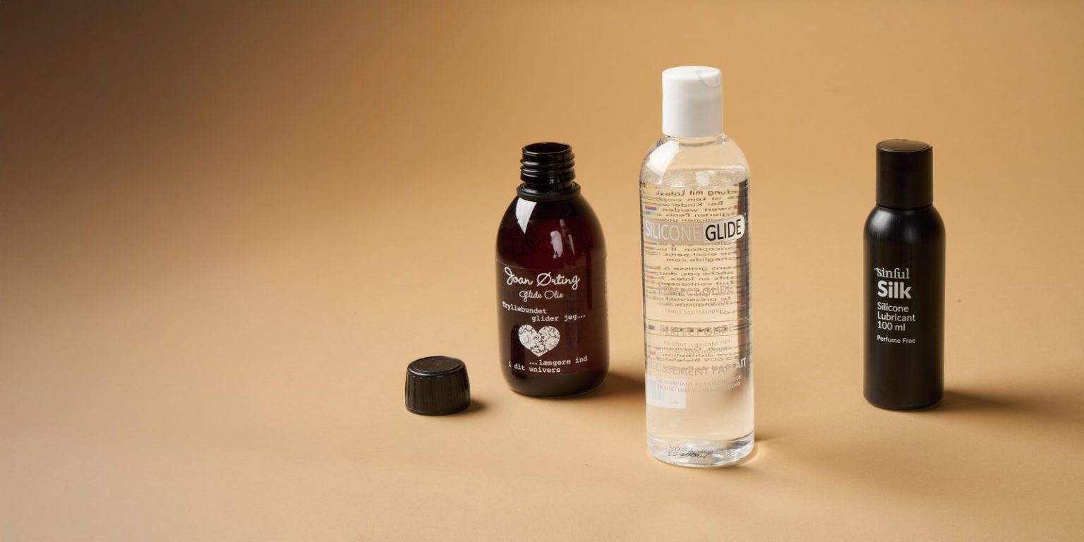 Three bottles of personal lubricant on a beige background