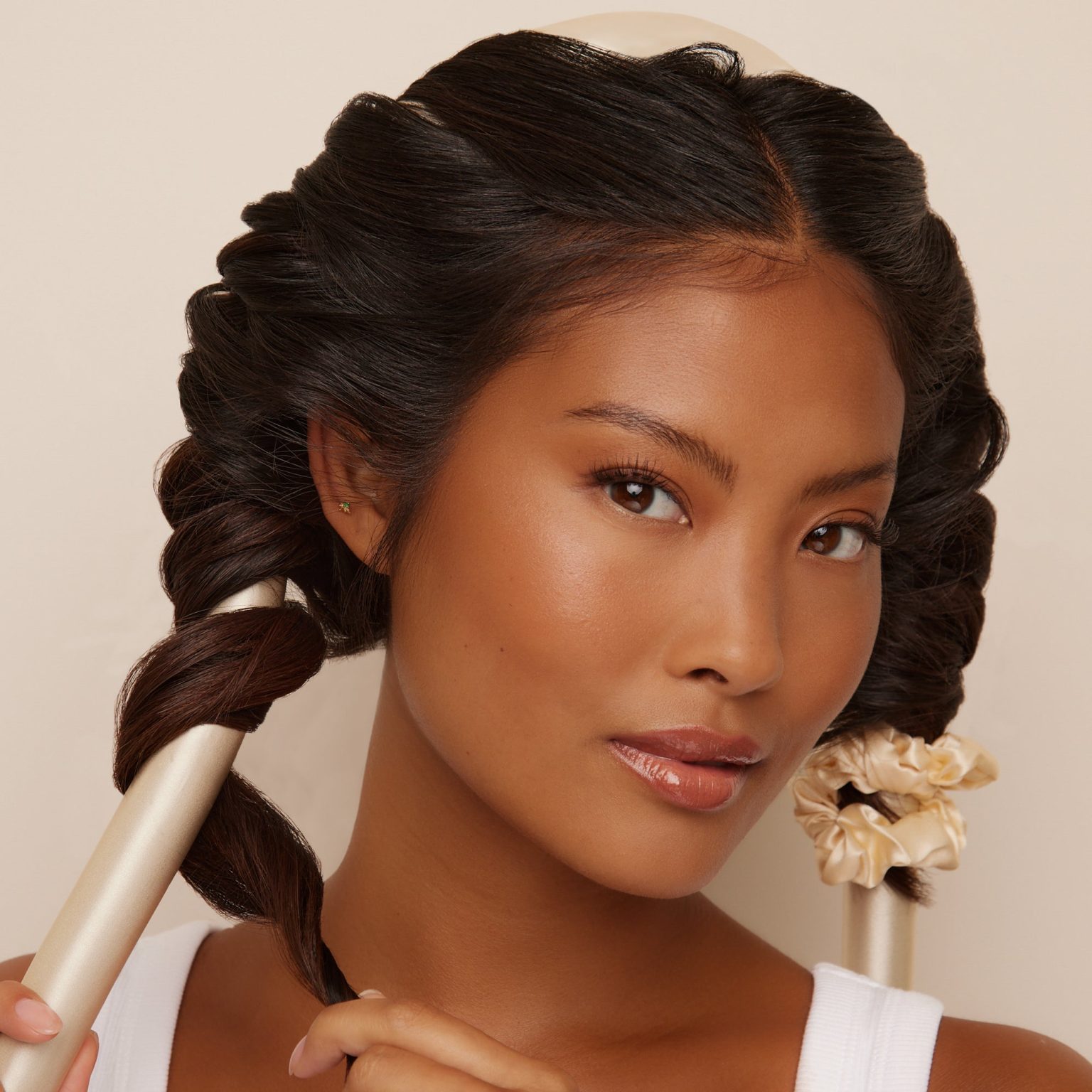 Woman wearing a silk heatless curler