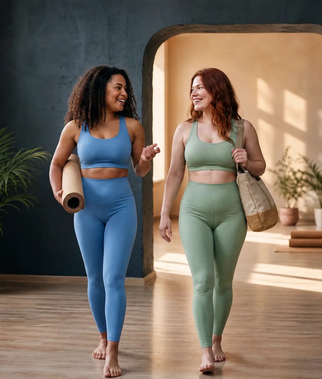 Two women in activewear walking side by side carrying yoga mats