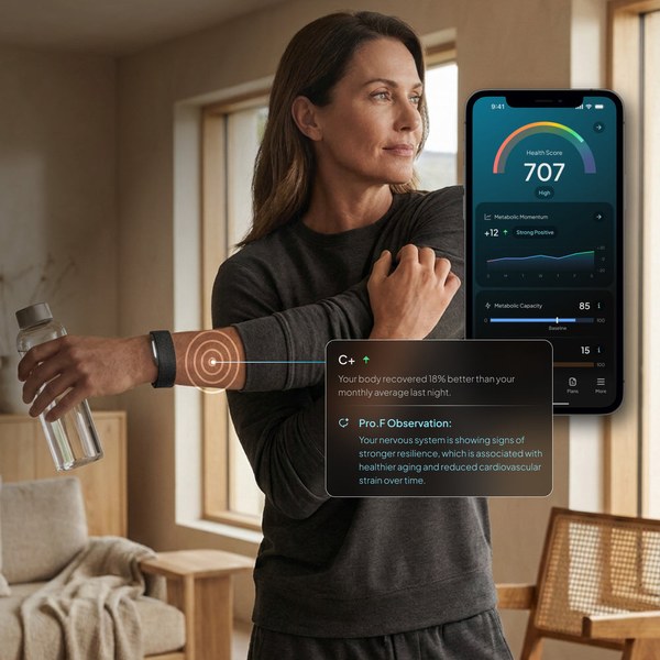 Woman wearing the Hume Band 2.0 while checking her health score in the Hume app