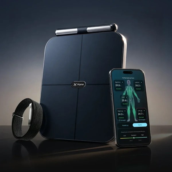 Hume Pod body scale next to the Hume Band 2.0 and the Hume app on a phone