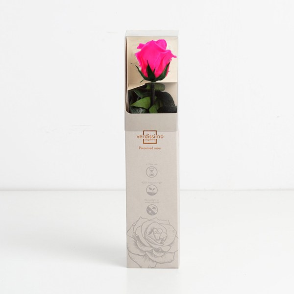 Hot pink infinity rose short stem in its slim presentation box