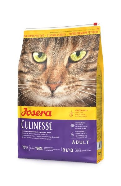 Josera Cat Food by Need: Hairballs, Indoor Life, Sensitive Stomachs and More Josera Culinesse dry cat food bag with salmon and poultry protein