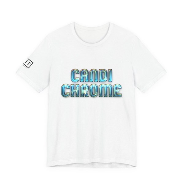 LIT Candi Chrome white t-shirt with a glossy blue chrome logo