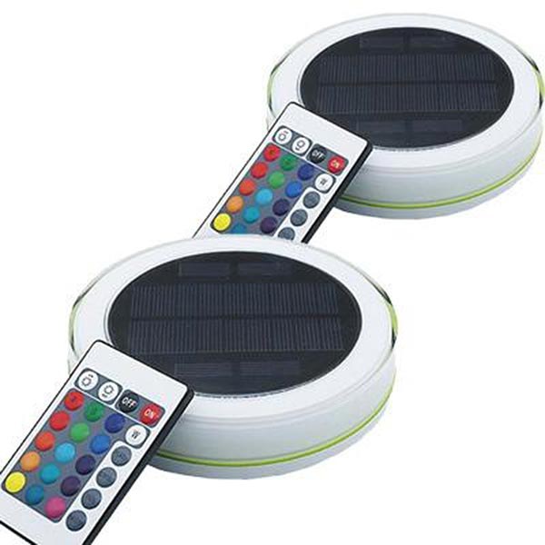 Two PondXpert PondDisc floating solar lights with remote controls