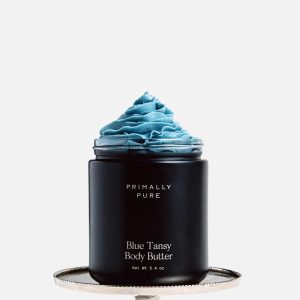Primally Pure Body Care Guide: Butters, Oils, Body Wash and Balm for Dry-Skin Season Primally Pure Blue Tansy Body Butter jar with blue whipped butter