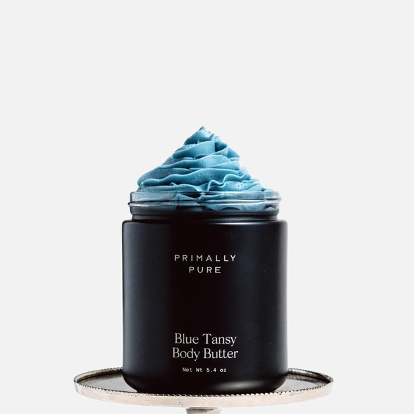 Primally Pure Body Care Guide: Butters, Oils, Body Wash and Balm for Dry-Skin Season Primally Pure Blue Tansy Body Butter jar with blue whipped butter
