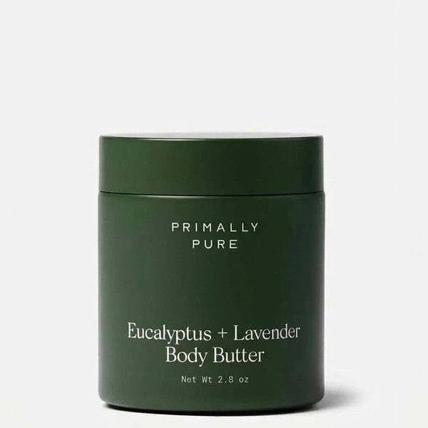 Primally Pure Eucalyptus + Lavender Body Butter in a green glass jar