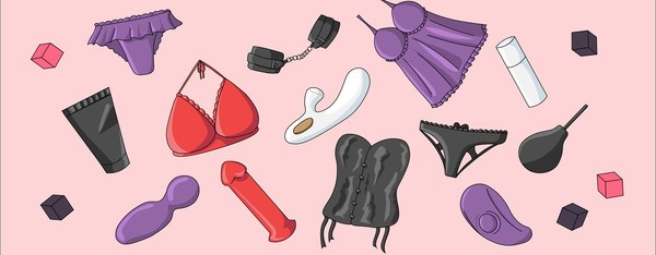 Illustration from the Sinful blog showing a flat lay of lingerie and accessories on a pink background