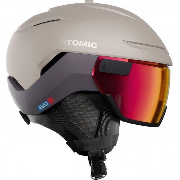 Atomic Savor GT Amid Visor HD Photo ski helmet in beige with a red visor
