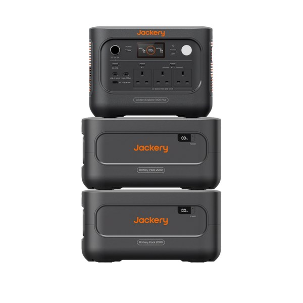 Jackery Explorer 1000 Plus v2 stacked on two expansion battery packs