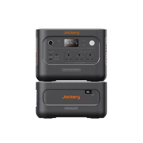 Jackery Explorer 2000 Plus v2 on top of a Battery Pack 2000