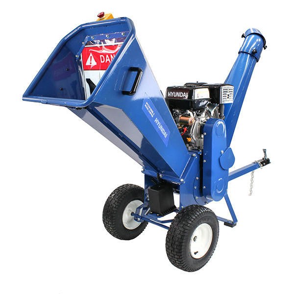 Hyundai HYCH1500E-2 heavy-duty petrol wood chipper with a wide hopper and large wheels