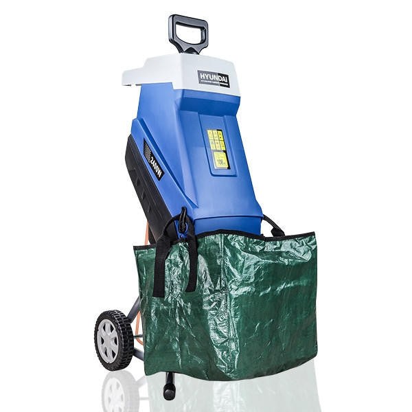 Hyundai HYCH2400E electric garden shredder with a green collection bag